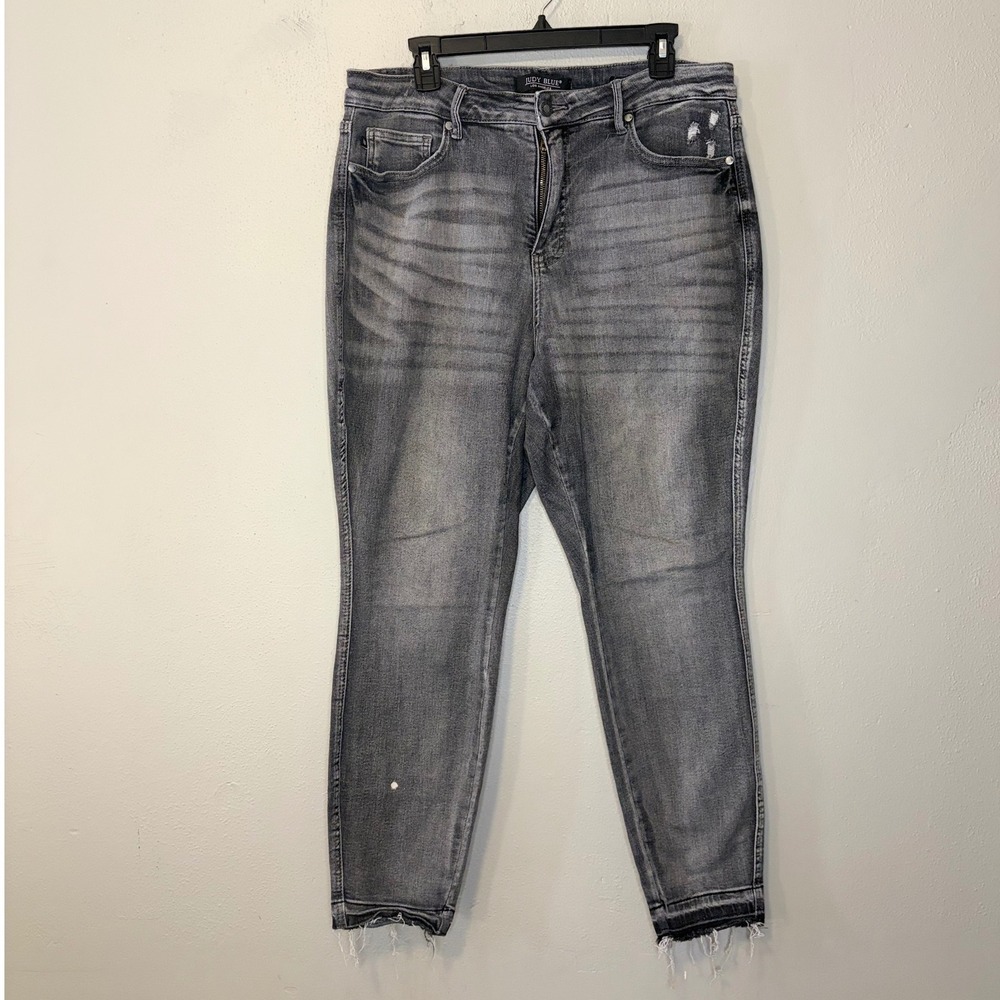 Judy Blue Gray High Rise Skinny Jeans 14W 32 Faded Distressed Raw Hem Acid Y2K